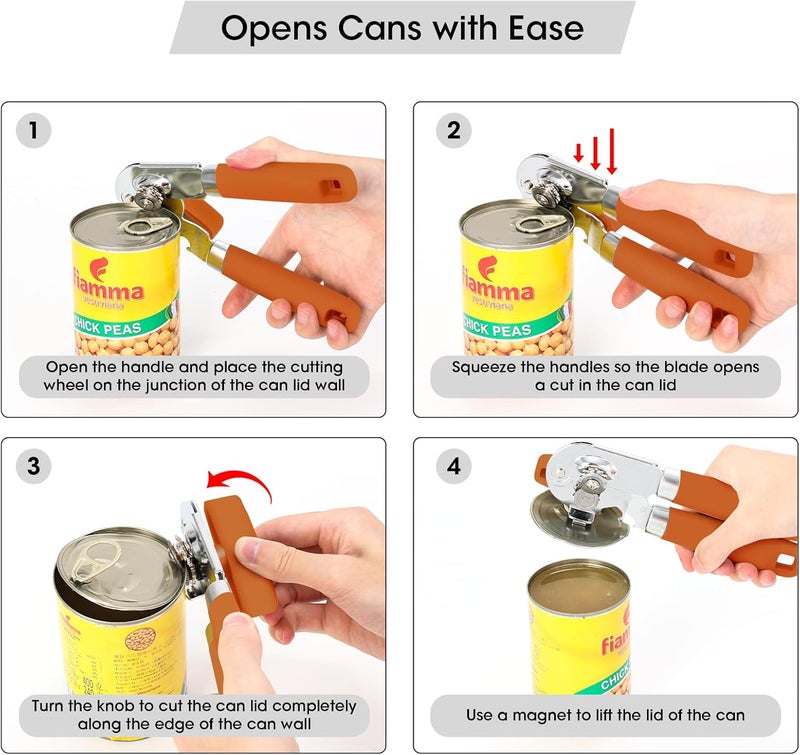 Beneno Heavy Duty Hand Can Opener Manual with Magnet, Durable Sharp Carbon Steel Blade Smooth Cutting, Big Effort-Saving Knob, Soft Grip Handle, Multifunctional Kitchen Tool with Bottle Opener, Orange - Image 4
